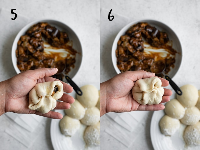 photo collage 5) & 6) a third and fourth set of edges of the dough circle are pinched together to create the bun