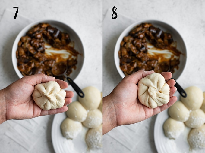 Photo collage: 7) pinching the final edges of the dough together to make the bao, 8) twisting the dough together in the center to seal it