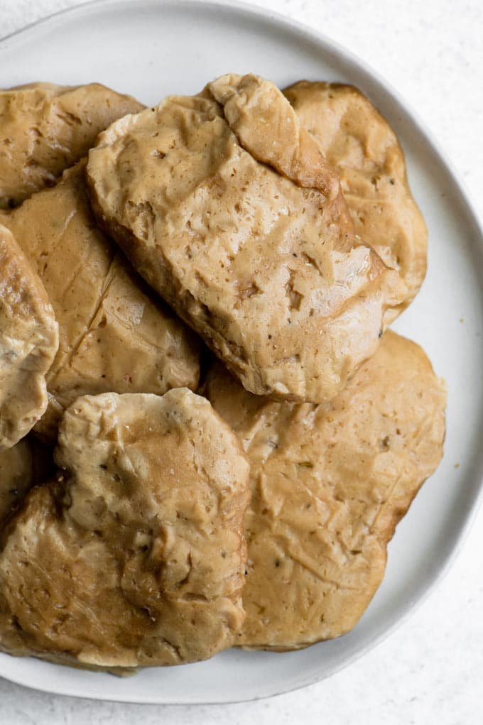 vegan chicken style seitan cutlets on a plate