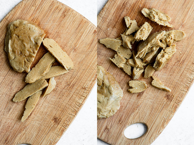 collage showing a sliced seitan cutlet and a shredded one