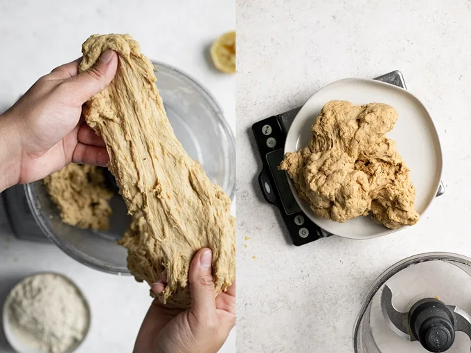 collage showing the texture of the kneaded seitan dough, it's very stretchy and stringy