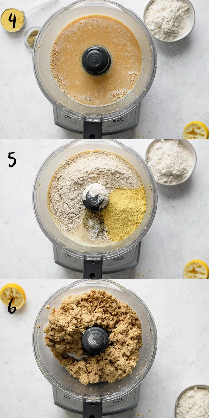 A collage of steps 4-6 of making the seitan in a food processor, blend the liquid ingredients together, add the dry ingredients, process until it forms a stringy seitan