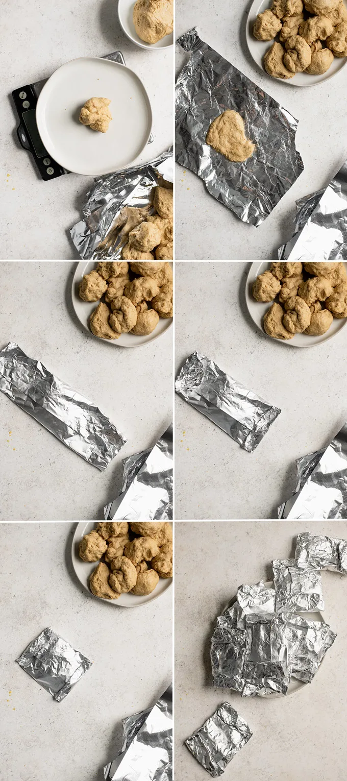 collage of the method of shaping the vegan chicken style seitan cutlets and wrapping in foil to steam