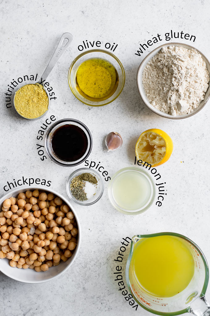 Ingredients mise on place for vegan chicken seitan cutlets