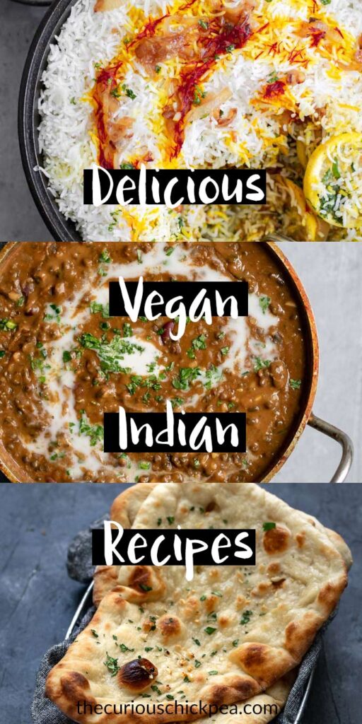 Vegan Indian Recipes roundup, collage of sindhi vegetable biryani, dal makhani, naan