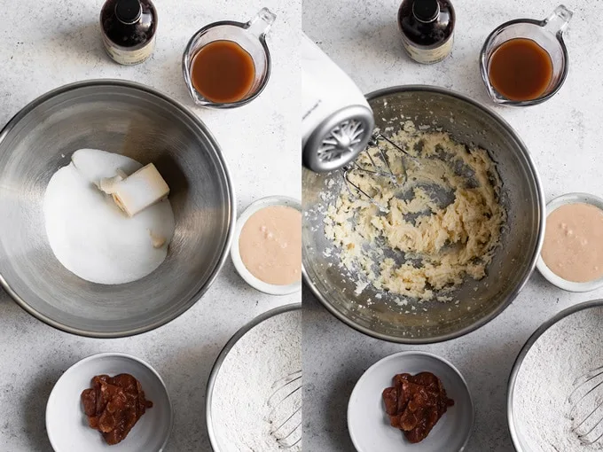 creaming the butter and sugar for apple cider donuts