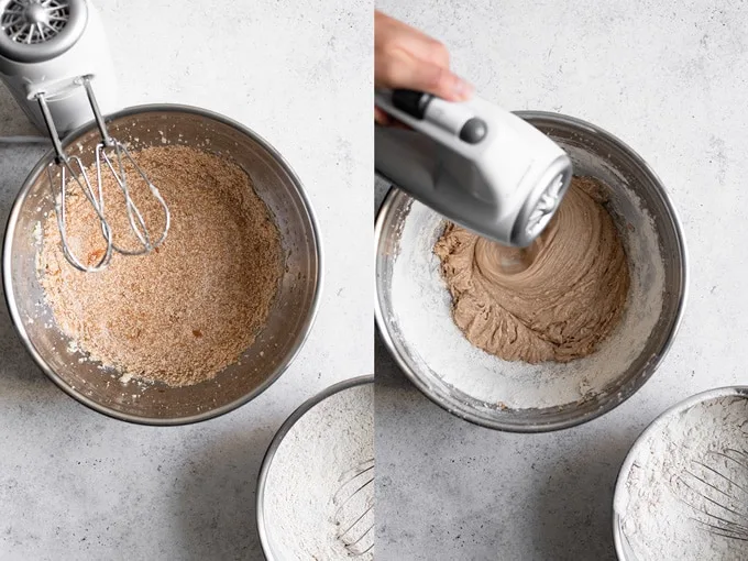 mixing in the liquids and adding the flour to the mixture