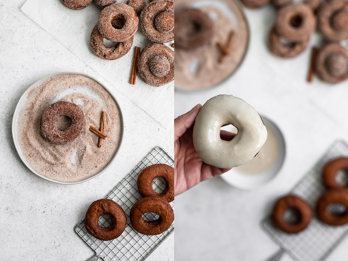 dipping the donuts in cinnamon sugar and in a maple cinnamon glaze