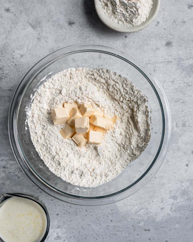 cubed vegan butter in the dry mix