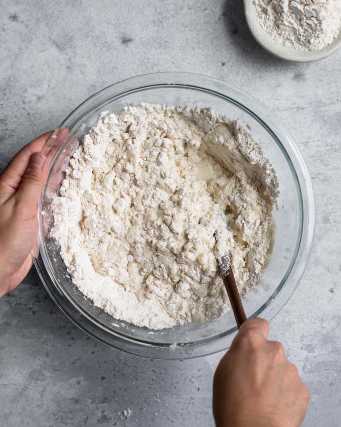 mixing the buttermilk into the flour mixture