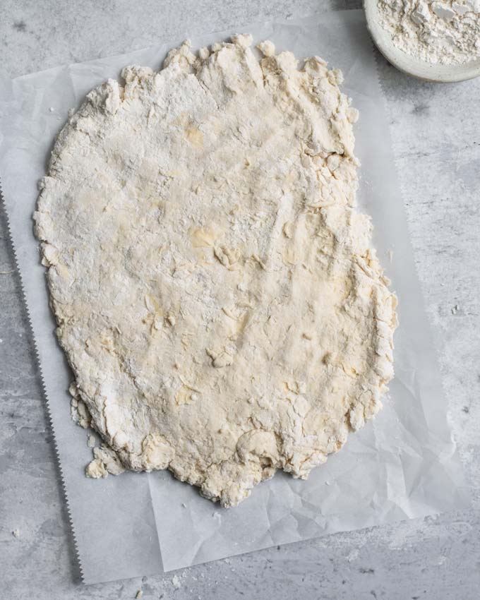 biscuit dough rolled out for the first time