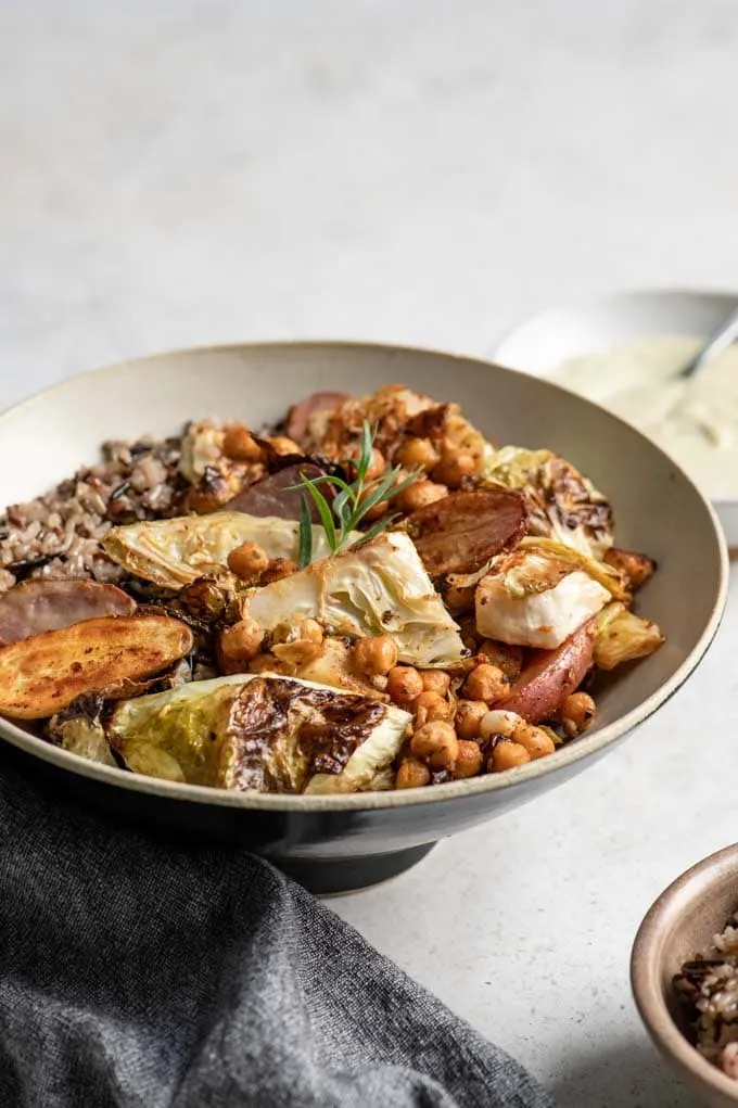 close up of the vegan sheet pan dinner in a bowl