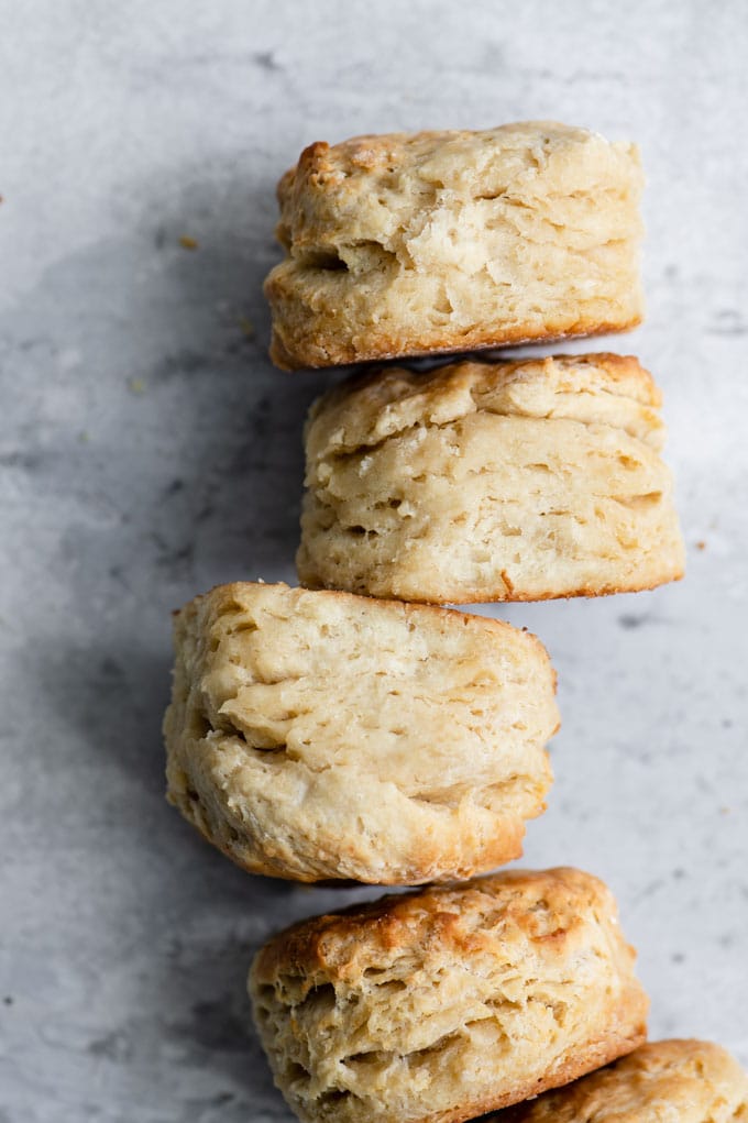 vegan biscuits positioned on their sides to show the layers