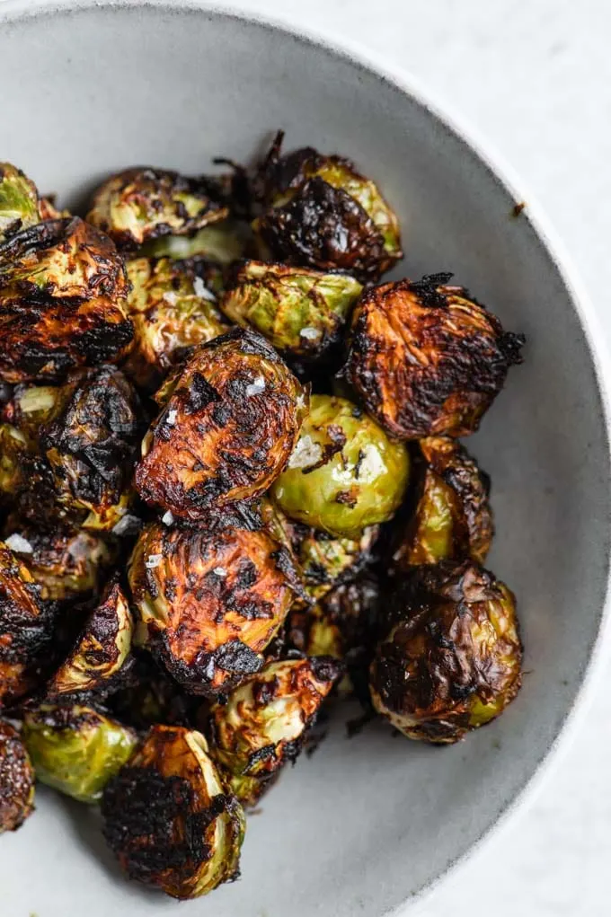 closeup of the roasted brussels sprouts