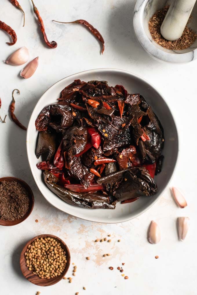 soaked dried chiles in a bowl