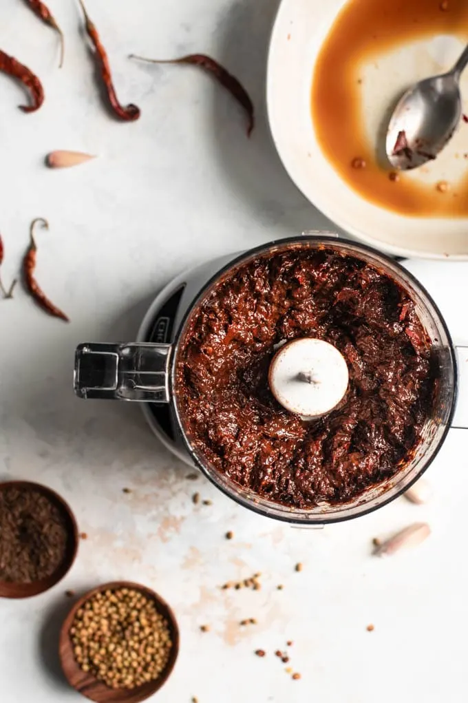 harissa pasta pureed in a food processor