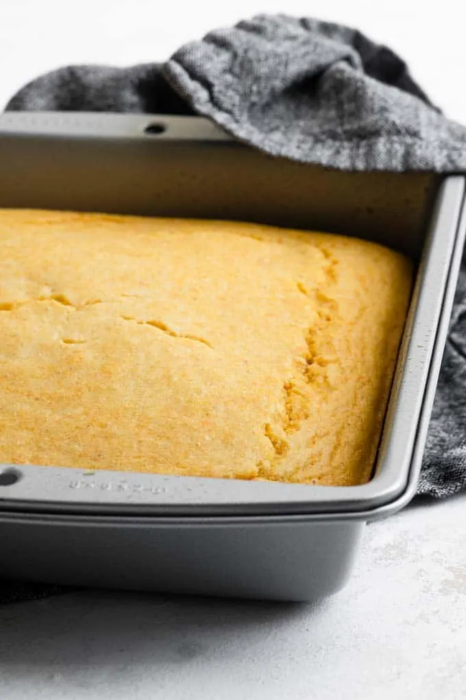easy vegan cornbread, right out of the oven in its pan