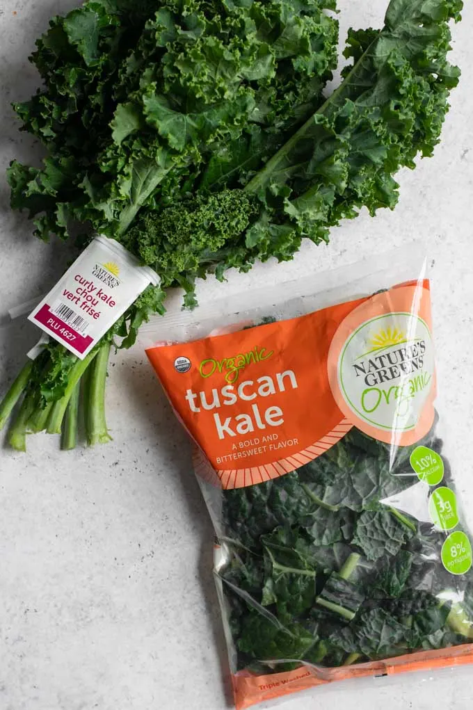 one bunch of kale and one bag of washed and chopped kale by Nature's Greens