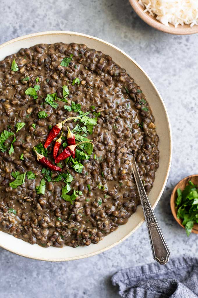 close up of garlic dal fry served