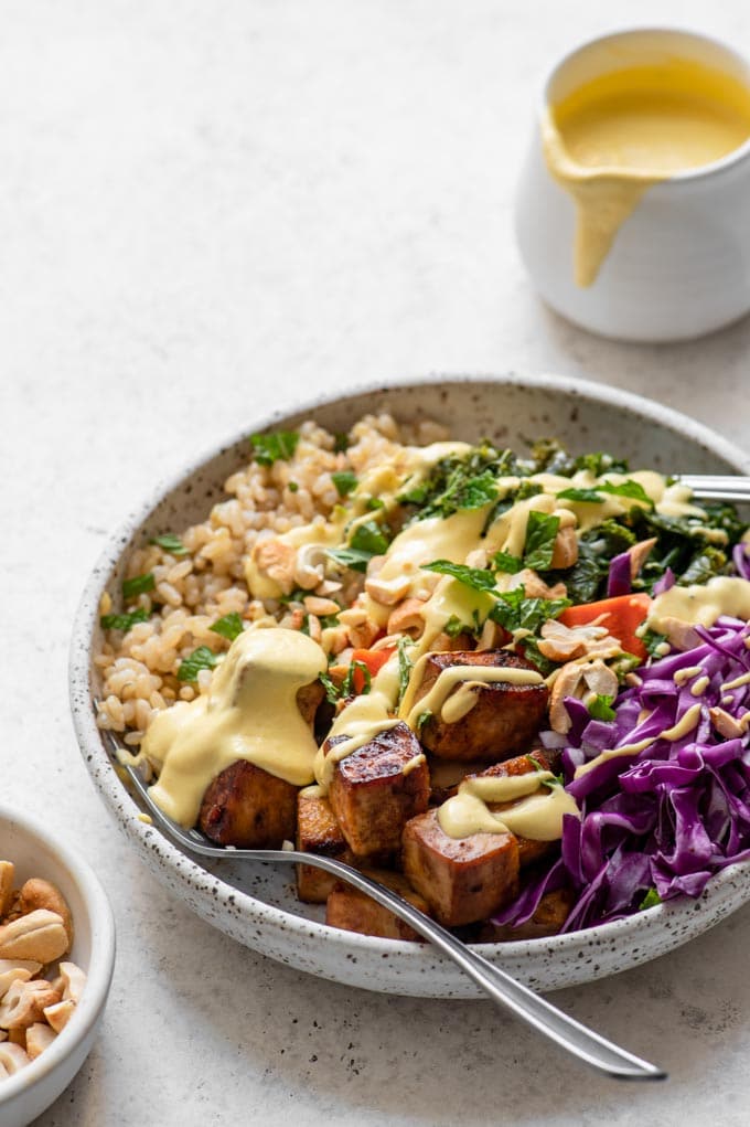 Tofu Buddha Bowl with Carrot Ginger Dressing • The Curious Chickpea