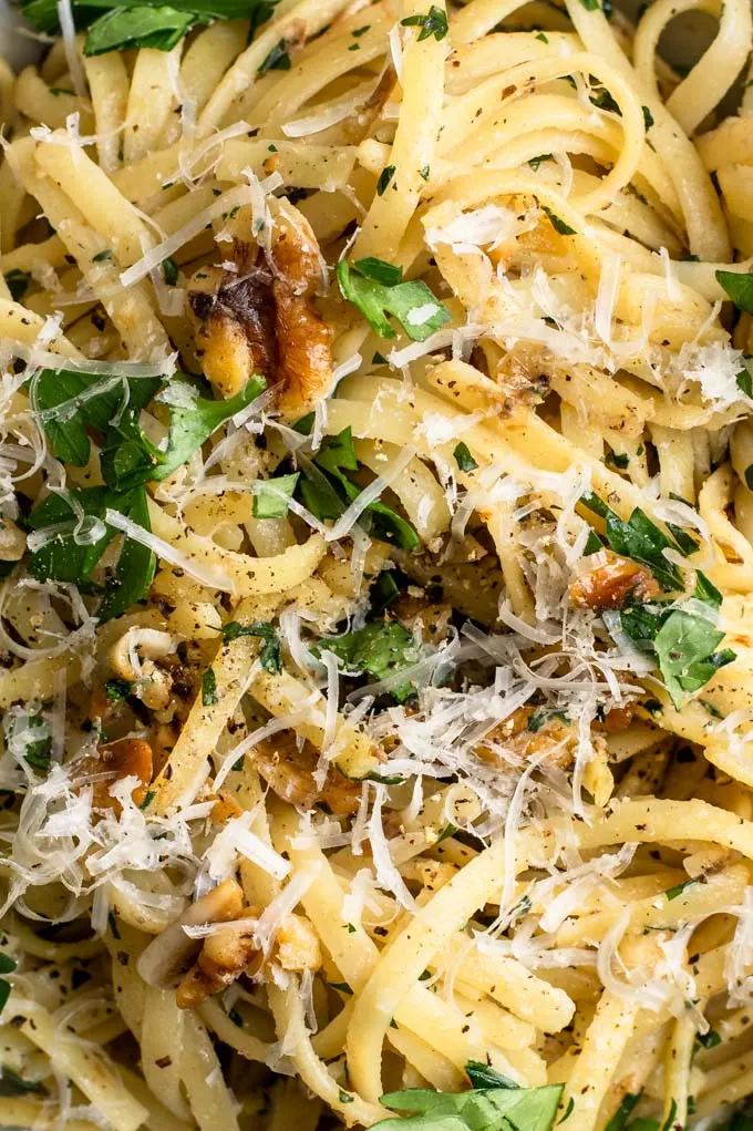 close up of the walnut parsley linguine