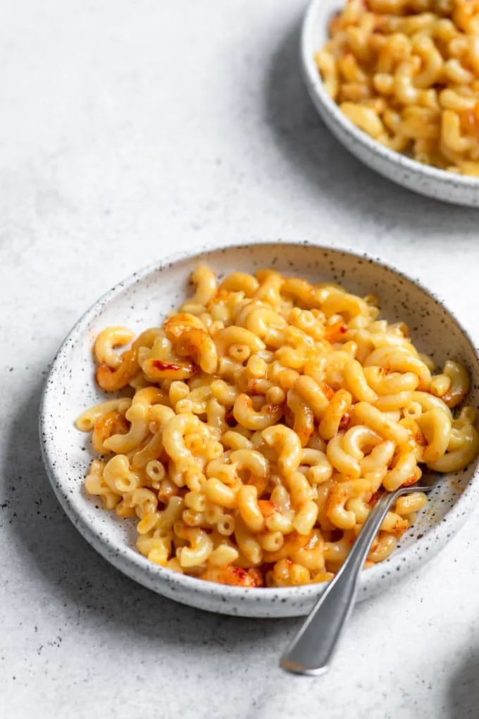 cheesy vegan mac and cheese in a bowl