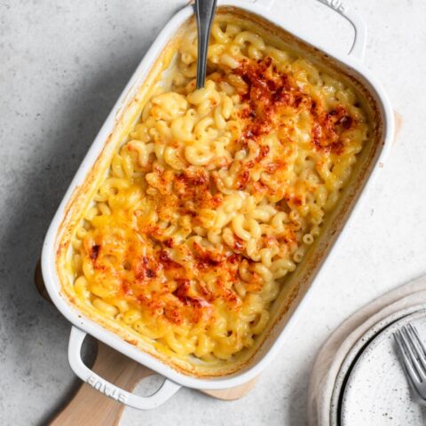 no boil mac and cheese in a white baking dish