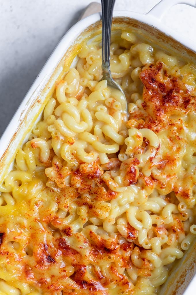 close up of the mac and cheese showing crispy top and gooey noodles