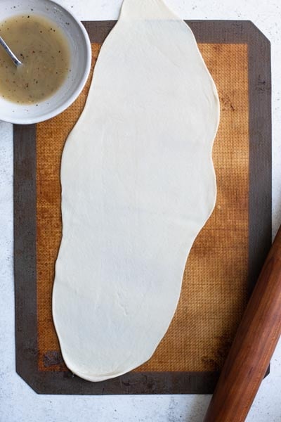 pancake dough rolled into a long rectangle