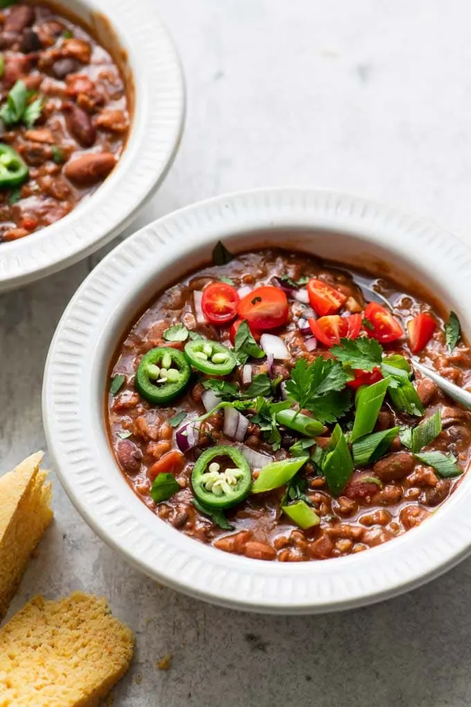 two bowls of meaty vegan chili