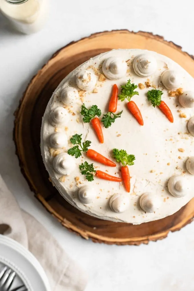 overhead view of carrot cake with marzipan carrots