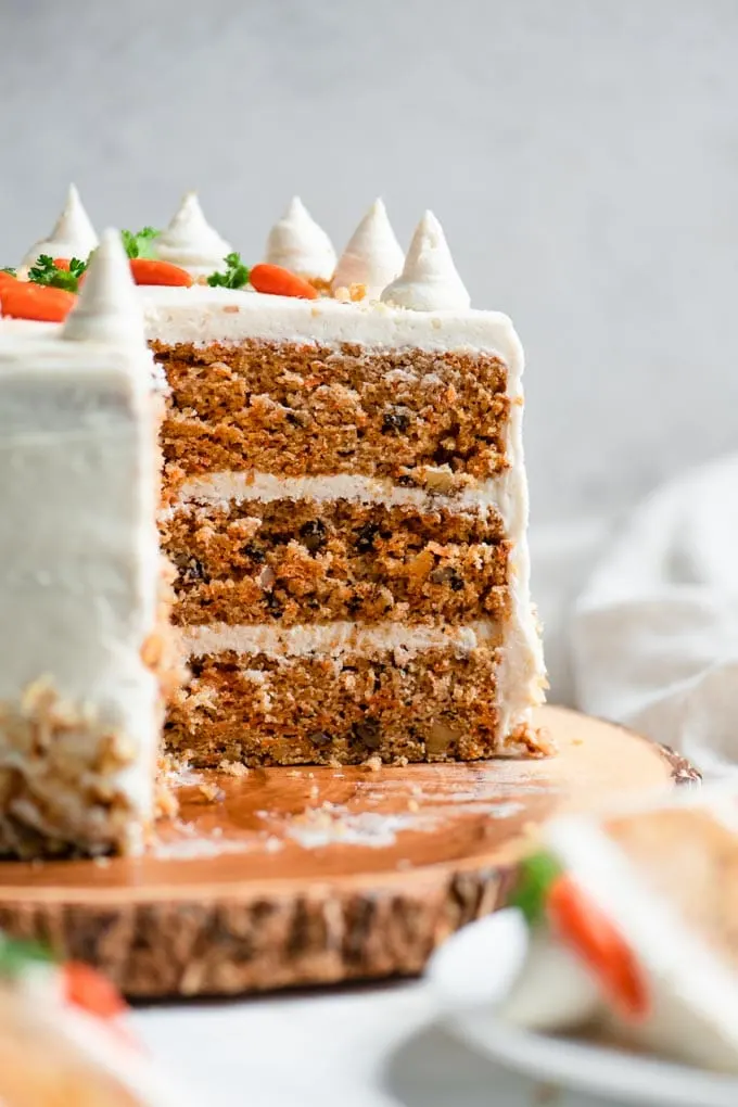 view of the inside of a 3 layer vegan carrot cake