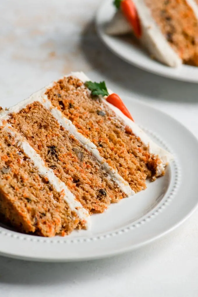 slice of vegan carrot cake on a plate