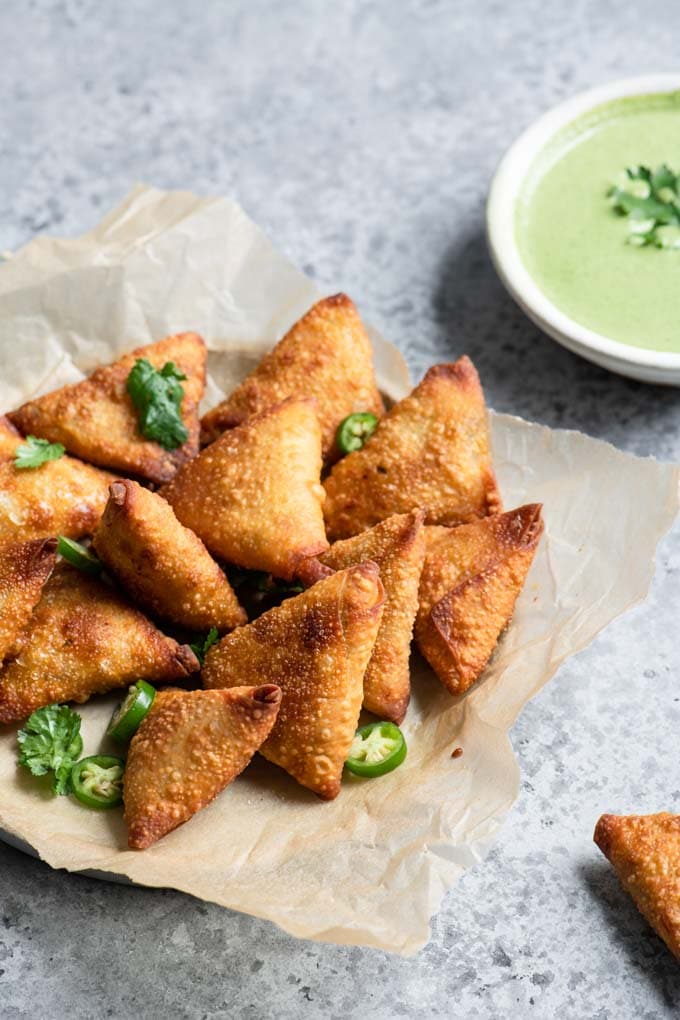 cocktail chana samosa fried and served with cilantro mint chutney