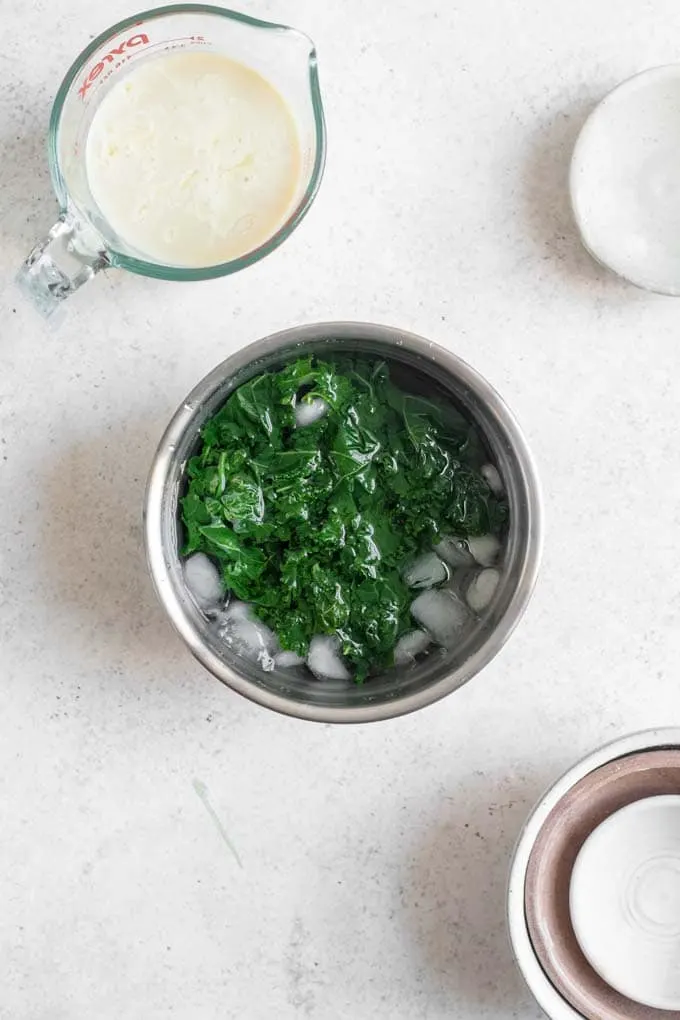 blanched kale in ice water