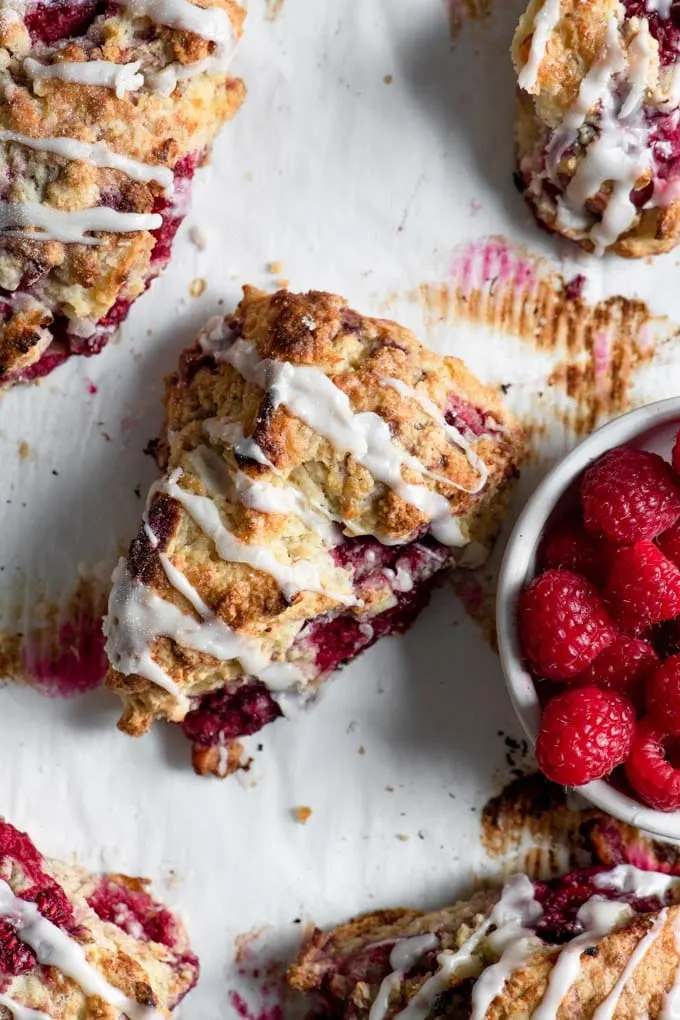 overhead closeup of raspberry scones