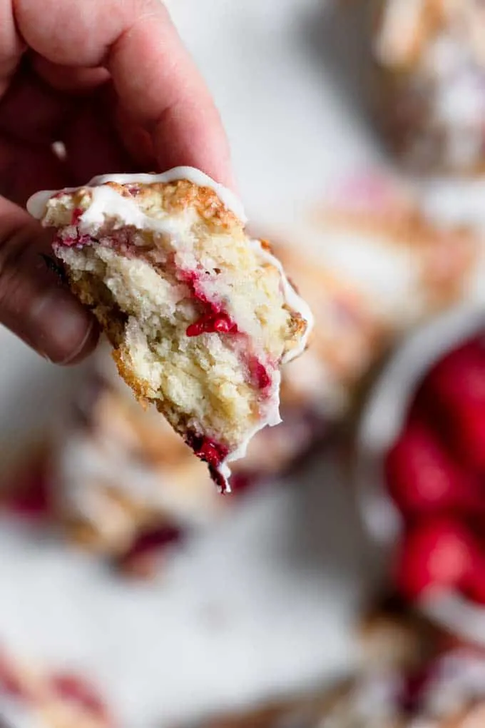 scone broken in half and held up to show the texture of the interior