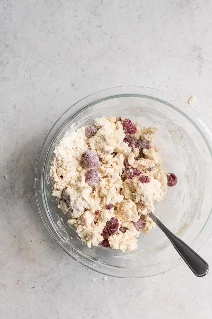 raspberries mixed into scone dough