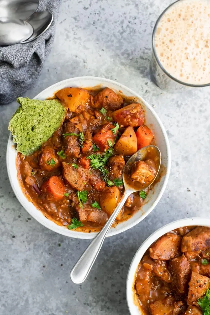 Irish stew served with a glass of Guinness Beer