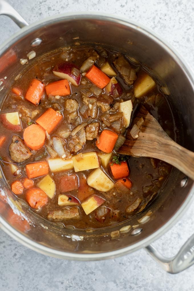 vegan irish stew in pot before cooking
