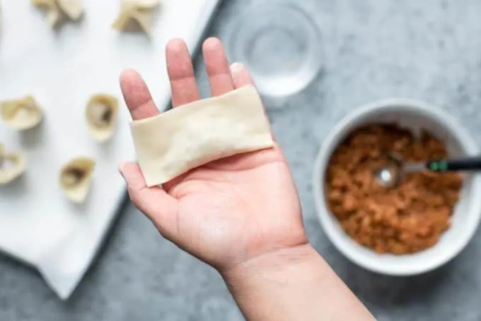 dumpling wonton shape folding step 2: fold in half