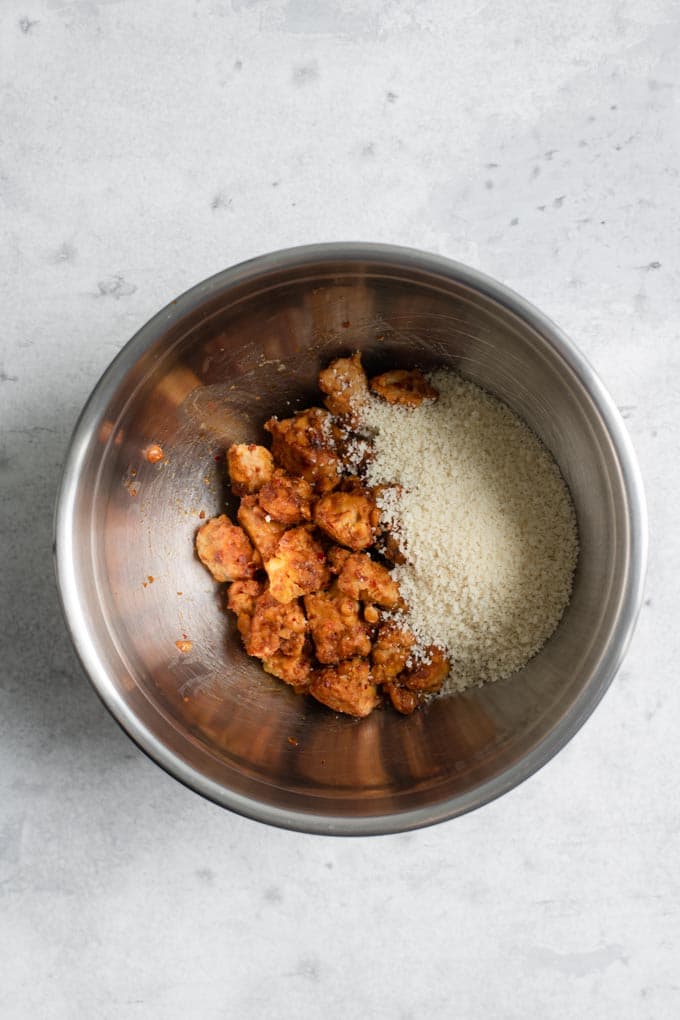 steamed tempeh and bread crumbs in mixing bowl