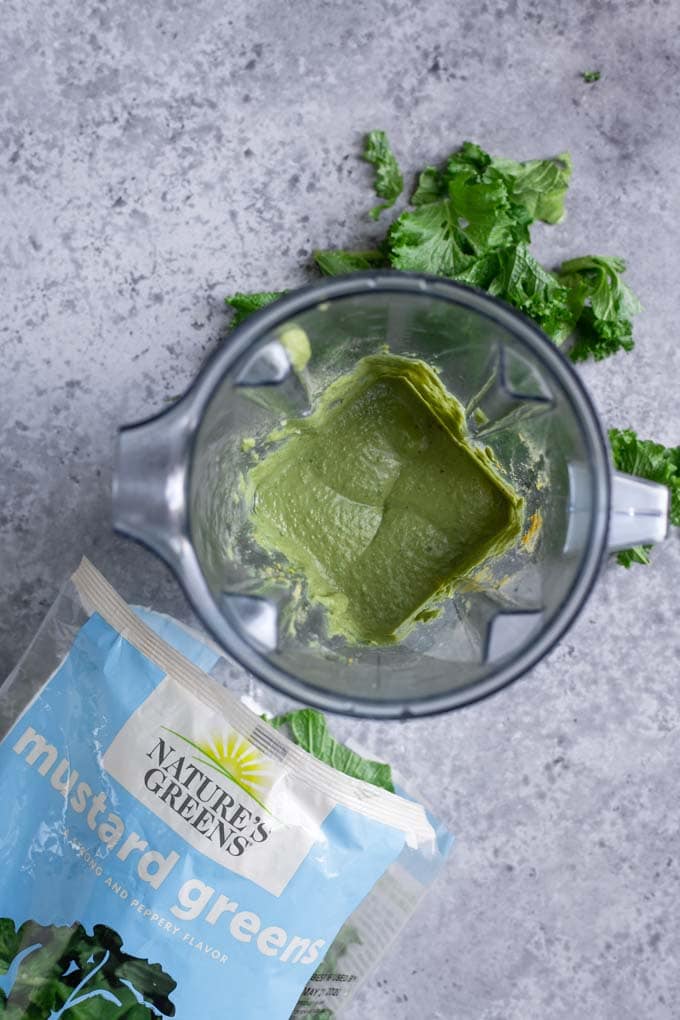 mustard green pesto in blender