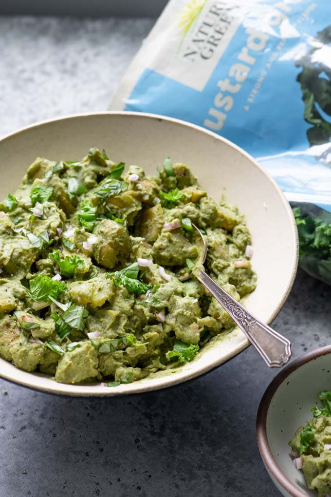 white bean mustard green pesto potato salad with Nature's Greens bag