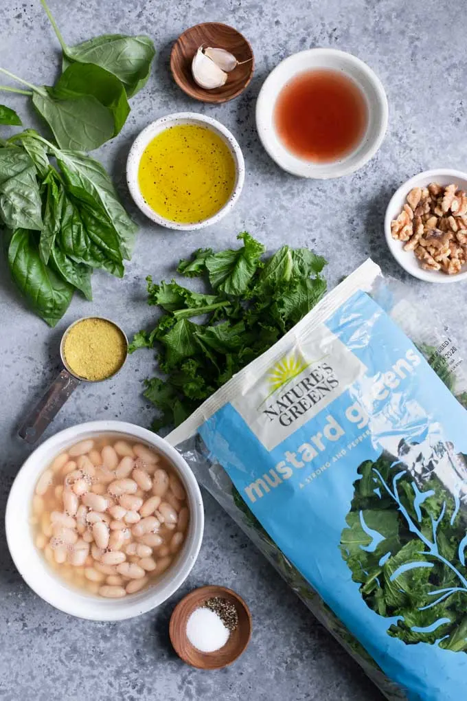 ingredients for white bean mustard green pesto