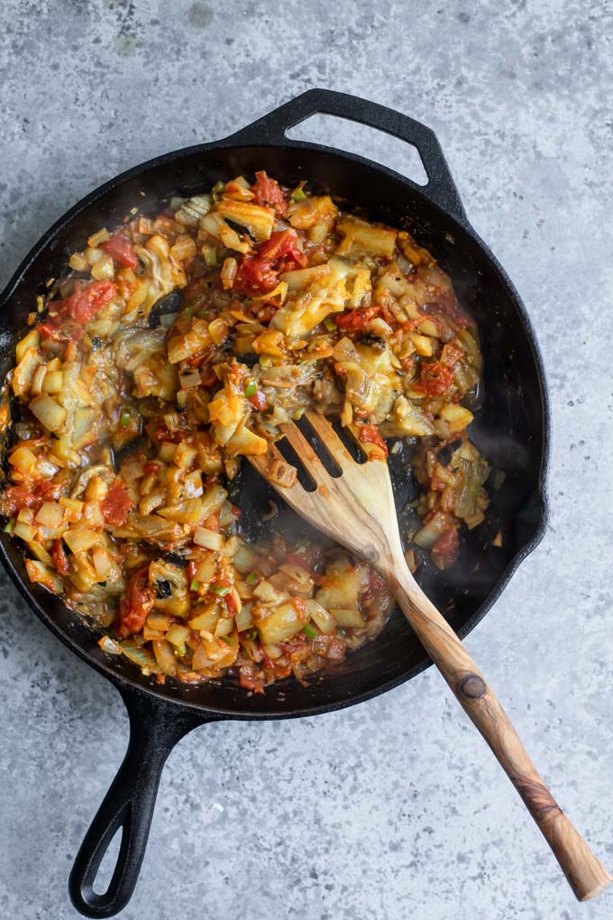 baingan bharta after eggplant is added (before cooking)