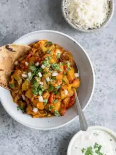baingan bharta with raita and basmati rice