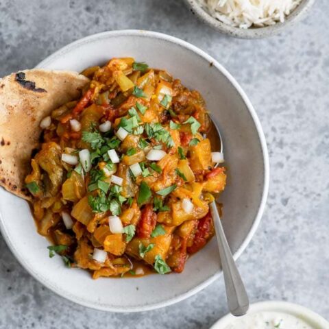 baingan bharta with raita and basmati rice