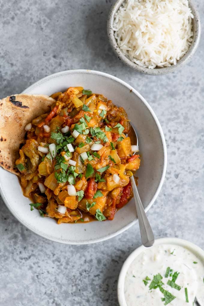 baingan bharta with raita and basmati rice