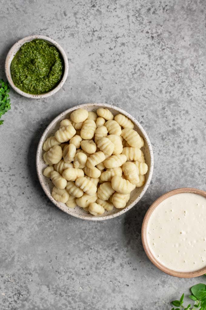 gnocchi, cashew cream, and pesto